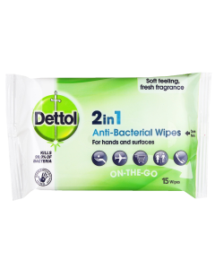 Dettol 2 in 1 Antibacterial Wipes For Hands & Surfaces 15 Wipes